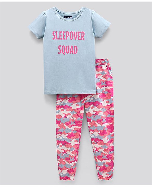 Pine Kids Half Sleeves Biowashed Top & Pyjama Nightwear Set Text & Camouflage Print - Blue Pink