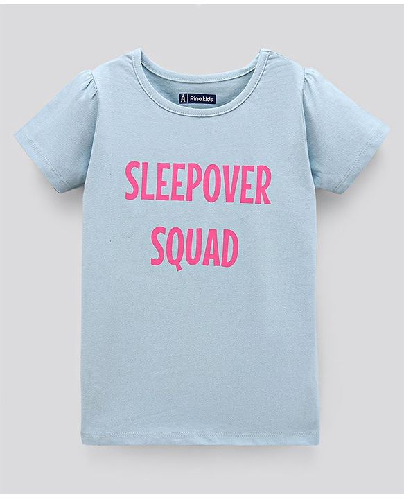 Pine Kids Half Sleeves Biowashed Top & Pyjama Nightwear Set Text & Camouflage Print - Blue Pink