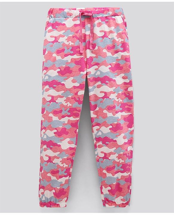 Pine Kids Half Sleeves Biowashed Top & Pyjama Nightwear Set Text & Camouflage Print - Blue Pink