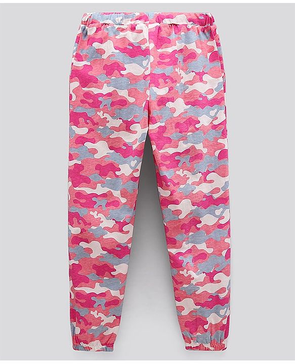 Pine Kids Half Sleeves Biowashed Top & Pyjama Nightwear Set Text & Camouflage Print - Blue Pink