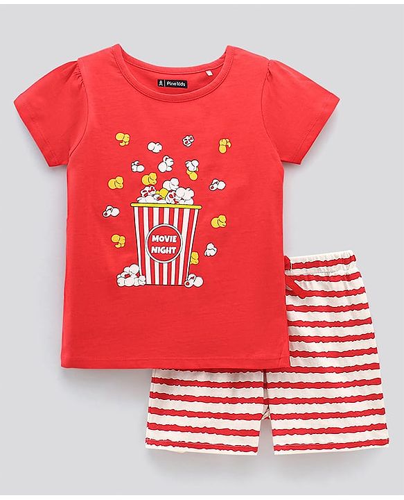 Pine Kids Bio Washed Half Sleeves T Shirt and Shorts Set Popcorn Print - Red