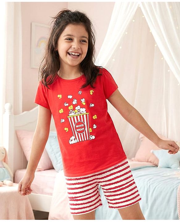Pine Kids Bio Washed Half Sleeves T Shirt and Shorts Set Popcorn Print - Red