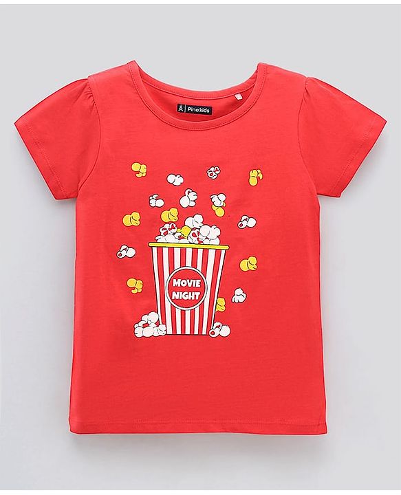 Pine Kids Bio Washed Half Sleeves T Shirt and Shorts Set Popcorn Print - Red