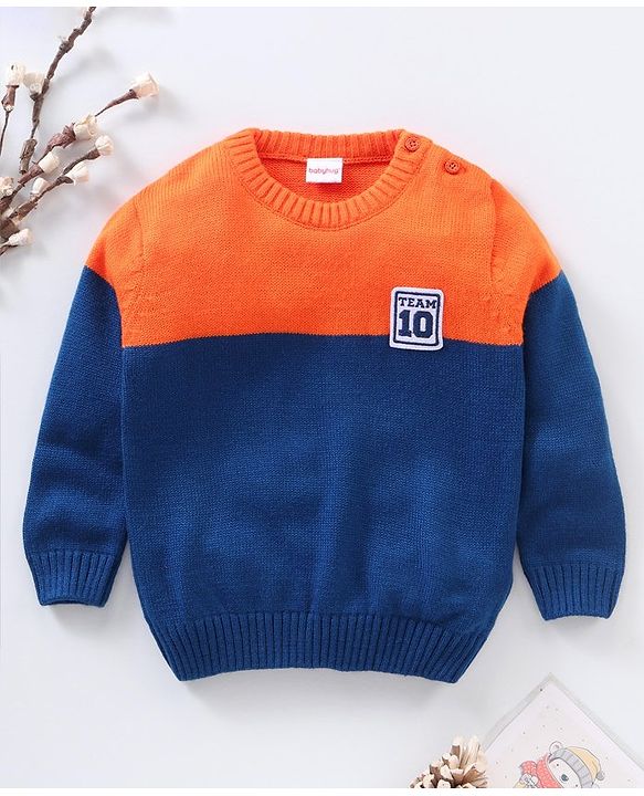 Babyhug Full Sleeves Knit Striped Pullover Text Patch - Navy Blue Orange