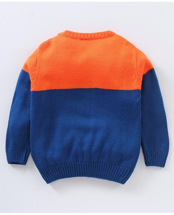Babyhug Full Sleeves Knit Striped Pullover Text Patch - Navy Blue Orange