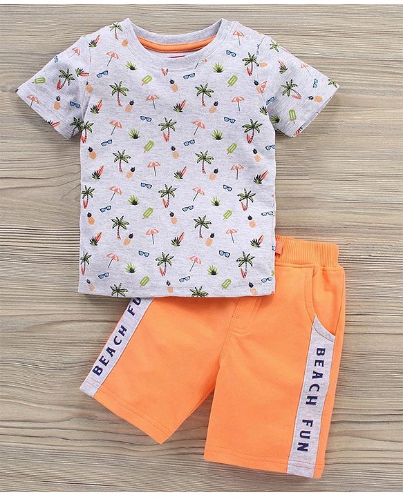 Babyhug Cotton Knit Half Sleeves T-Shirt & Shorts Beach Printed - Grey Orange