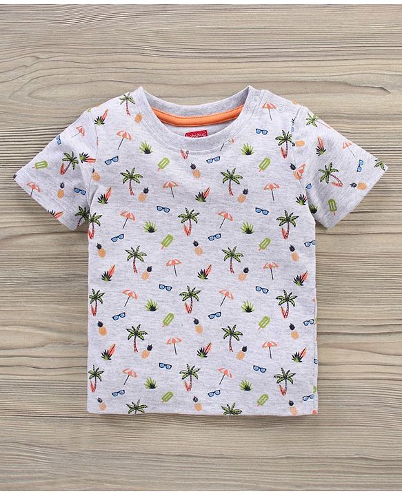 Babyhug Cotton Knit Half Sleeves T-Shirt & Shorts Beach Printed - Grey Orange