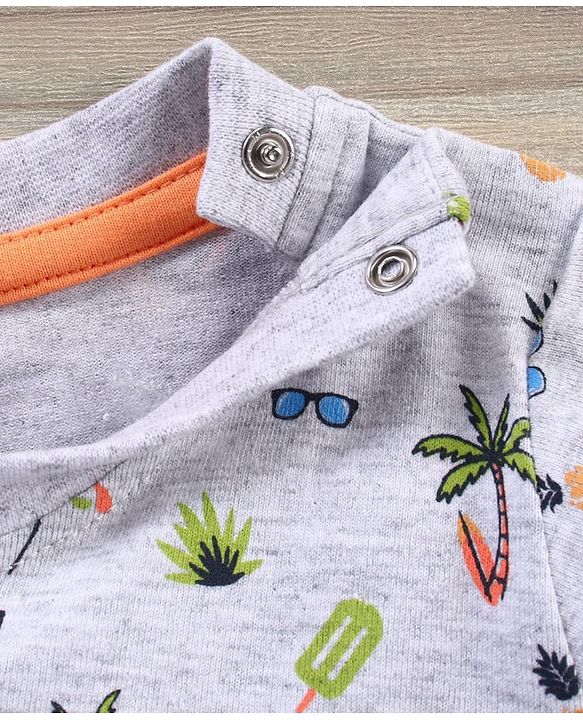Babyhug Cotton Knit Half Sleeves T-Shirt & Shorts Beach Printed - Grey Orange