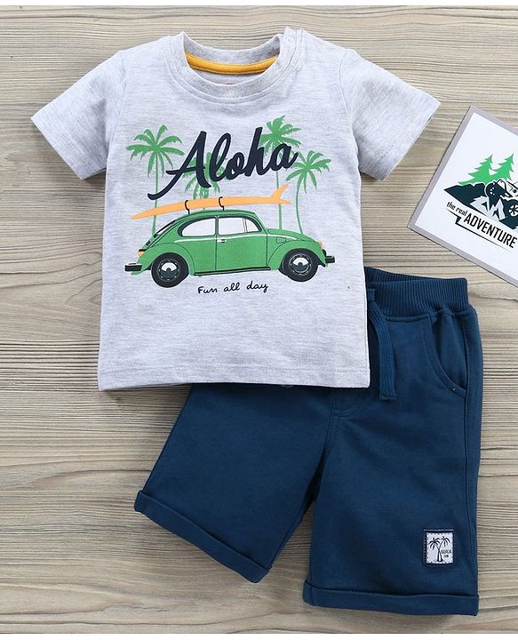 Babyhug Half Sleeves Tee & Shorts Car Print - Light Grey Navy Blue