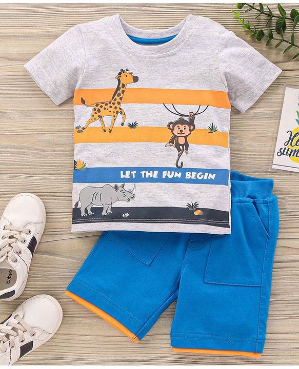 Babyhug Half Sleeves Knit T-Shirt & Shorts Set Animal & Text Print - Dark Blue White