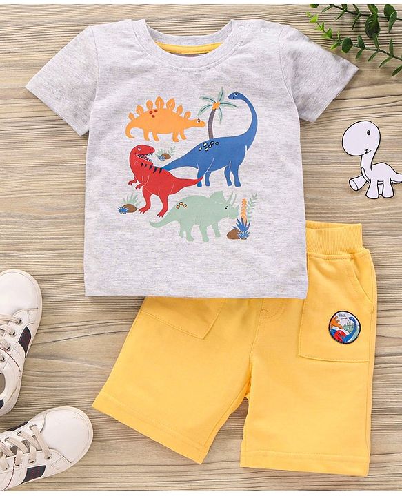 Babyhug Half Sleeves Knit T-Shirt & Shorts Set Dino Print & Patch - Grey Yellow