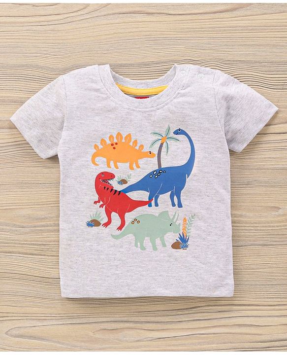 Babyhug Half Sleeves Knit T-Shirt & Shorts Set Dino Print & Patch - Grey Yellow