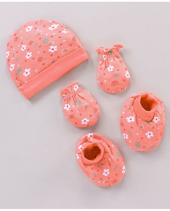 Babyhug 100% Cotton Cap Mitten Booties Set Floral Printed - Pink