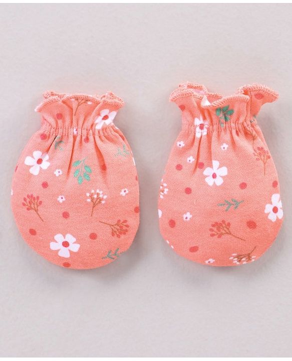 Babyhug 100% Cotton Cap Mitten Booties Set Floral Printed - Pink