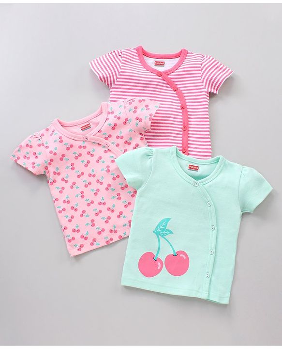 Babyhug Half Sleeves 100% Cotton Vests Stripe And Cherry Print Pack Of 3 - Pink Green