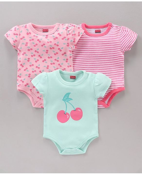 Babyhug 100% Cotton Half Sleeves Cherry Printed and Striped Onesies Pack of 3 - Blue Pink
