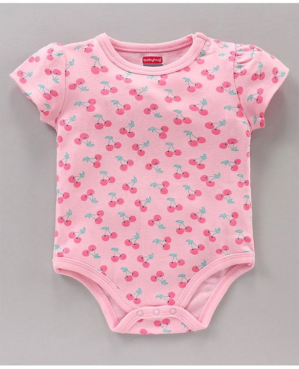 Babyhug 100% Cotton Half Sleeves Cherry Printed and Striped Onesies Pack of 3 - Blue Pink