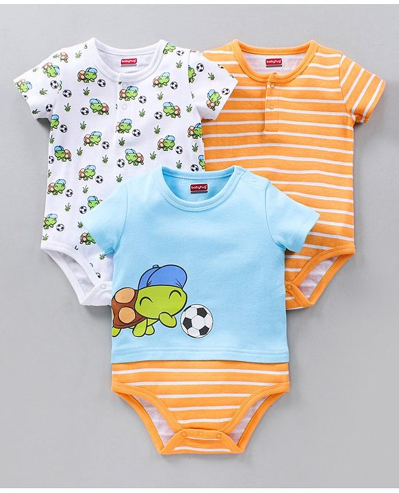 Babyhug 100% Cotton Half Sleeves Onesies Stripes & Turtle Print Pack Of 3 - Orange Blue White