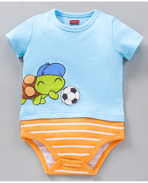 Babyhug 100% Cotton Half Sleeves Onesies Stripes & Turtle Print Pack Of 3 - Orange Blue White