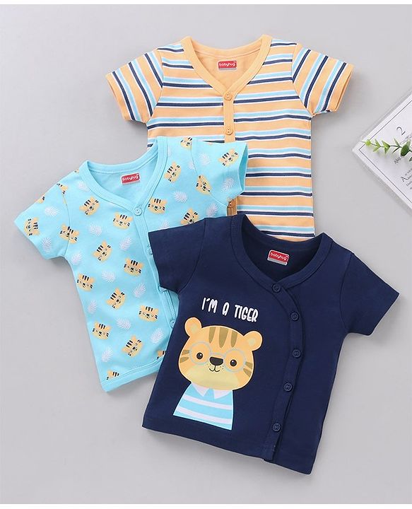 Babyhug 100 % Cotton Vests Striped And Cat Print Pack of 3 - Blue Yellow