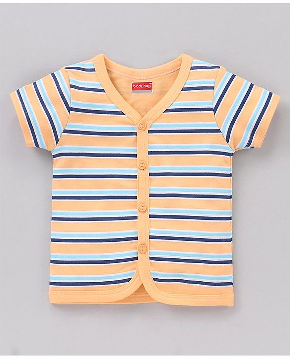 Babyhug 100 % Cotton Vests Striped And Cat Print Pack of 3 - Blue Yellow