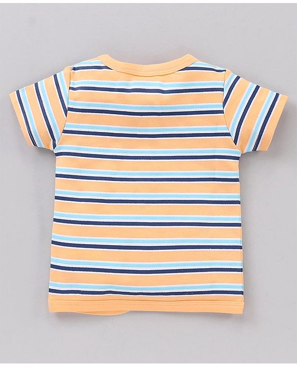 Babyhug 100 % Cotton Vests Striped And Cat Print Pack of 3 - Blue Yellow