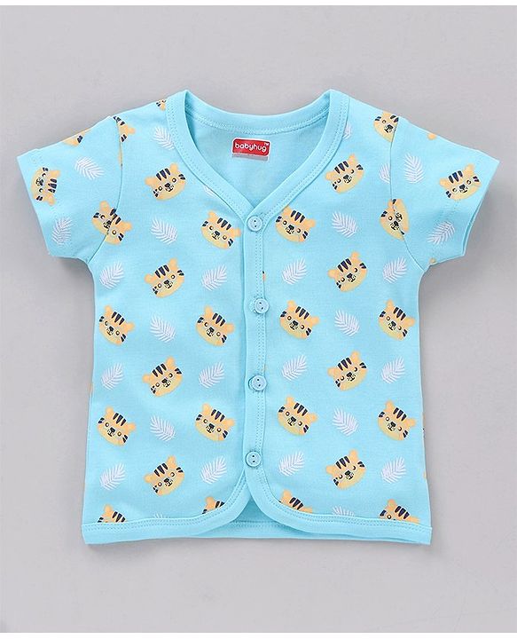 Babyhug 100 % Cotton Vests Striped And Cat Print Pack of 3 - Blue Yellow