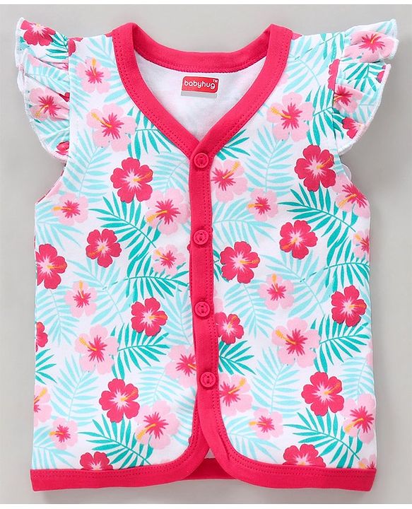Babyhug 100% Cotton Half Flutter Sleeves Vests Flowers Print Pack of 3 - Pink Blue