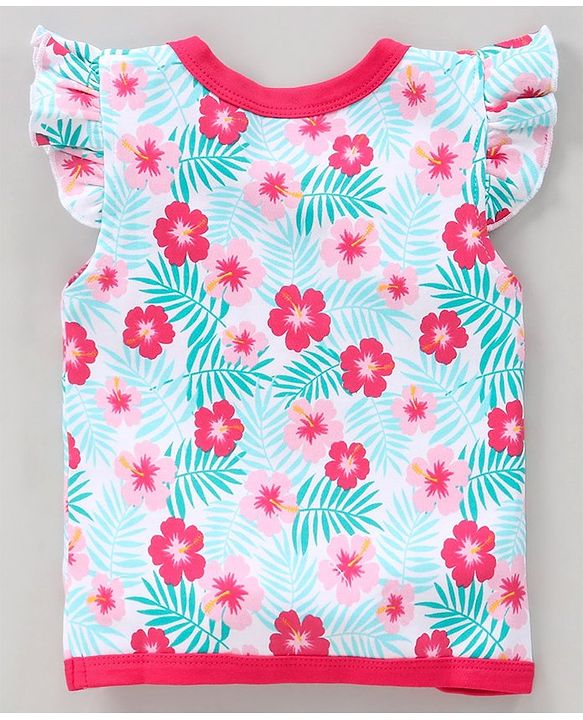 Babyhug 100% Cotton Half Flutter Sleeves Vests Flowers Print Pack of 3 - Pink Blue