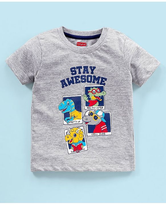 Babyhug 100% Cotton Knit Half Sleeves T-Shirt & Shorts Dino Print - Grey & Blue