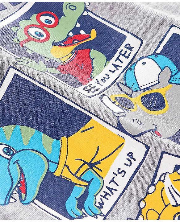 Babyhug 100% Cotton Knit Half Sleeves T-Shirt & Shorts Dino Print - Grey & Blue