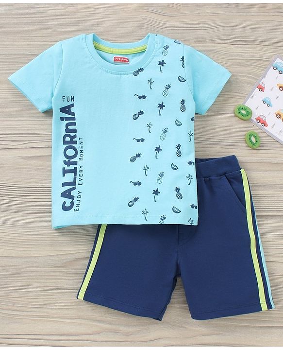 Babyhug Cotton Half Sleeves T-Shirt and Knee Length Short Fruit Print - Blue