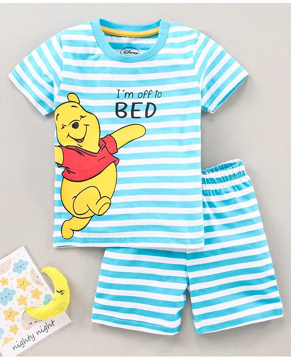 Babyhug Half Sleeves Shorts Night Suit Winnie The Pooh Print - Blue