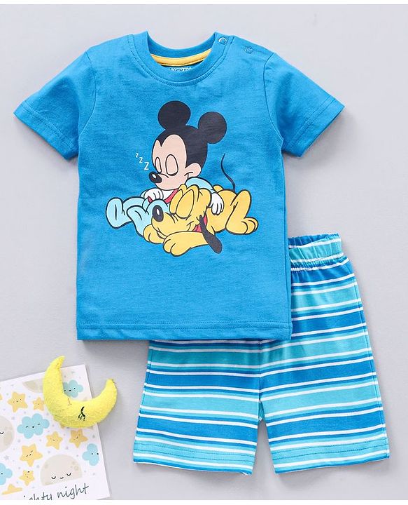 Babyhug Half Sleeves T Shirt with Shorts Mickey Mouse Print - Blue