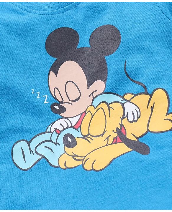 Babyhug Half Sleeves T Shirt with Shorts Mickey Mouse Print - Blue