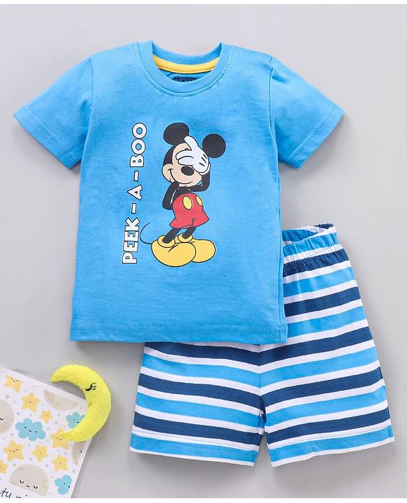 Babyhug Half Sleeves Striped Night Suit Mickey Mouse Print - Blue