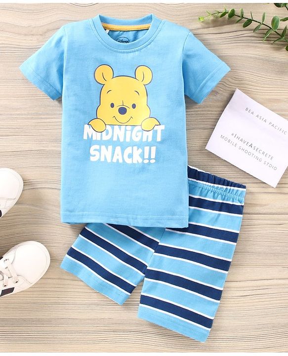 Babyhug Half Sleeves Shorts Night Suit Winnie The Pooh Print - Blue