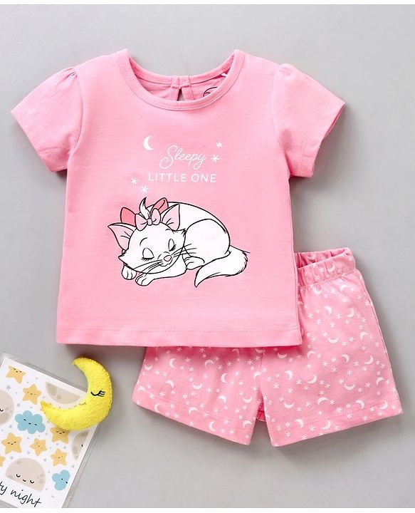 Babyhug Half Sleeves Top & Shorts Set Marie & Text Print - Pink