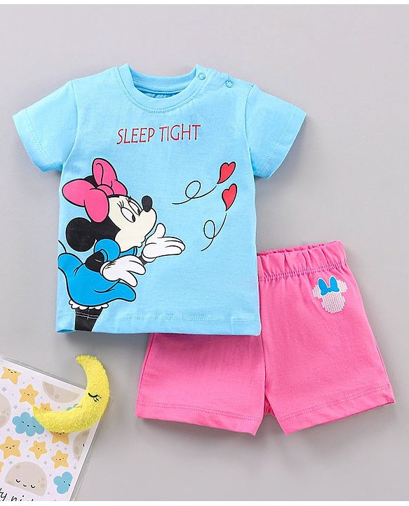 Babyhug Half Sleeves Top & Shorts Nightwear Set Minnie Mouse & Text Print - Blue