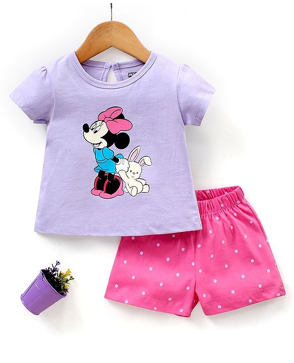 Babyhug Cap Sleeves Shorts Set Disney Minnie Mouse & Polka Dot Print - Purple Pink