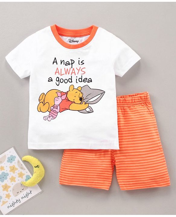 Babyhug Half Sleeves Shorts Night Suit Winnie The Pooh Print - White Orange