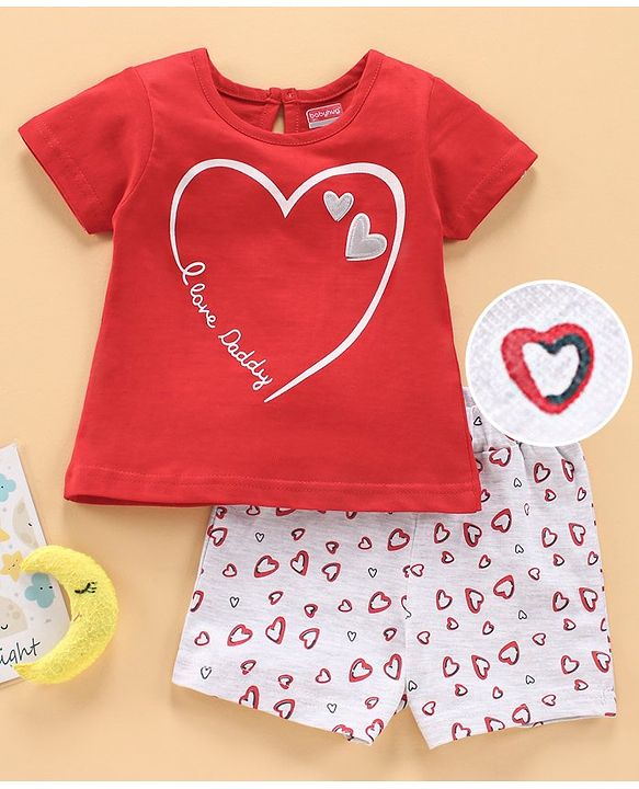 Babyhug Cap Sleeves Cotton Tee & Shorts Set Heart Print - Red