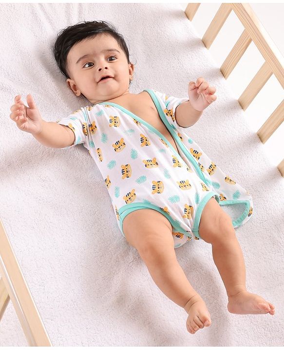 Babyhug Half Sleeves 100% Cotton Onesies with bloomer Cat Print - Blue