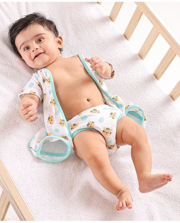Babyhug Half Sleeves 100% Cotton Onesies with bloomer Cat Print - Blue