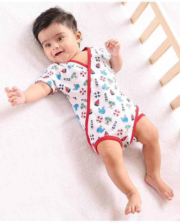 Babyhug Cap Sleeves 100% Cotton Onsies Marine Print - Red