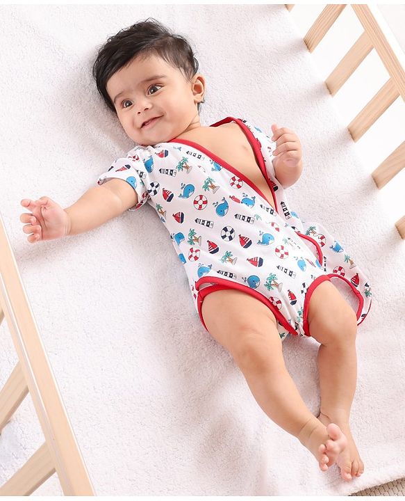 Babyhug Cap Sleeves 100% Cotton Onsies Marine Print - Red
