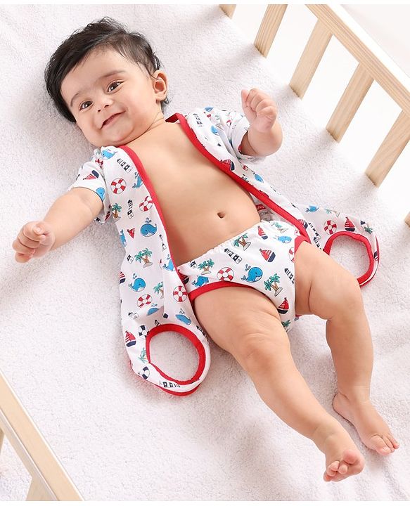 Babyhug Cap Sleeves 100% Cotton Onsies Marine Print - Red