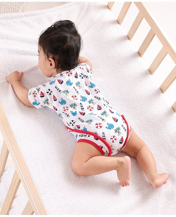 Babyhug Cap Sleeves 100% Cotton Onsies Marine Print - Red