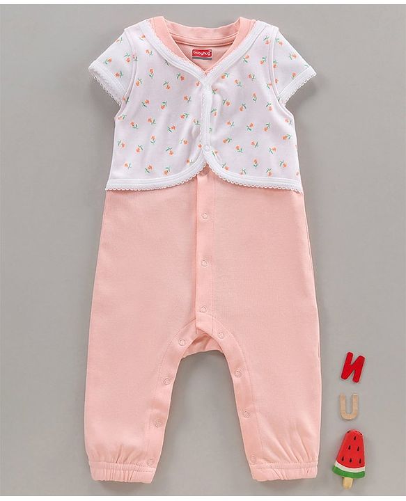 Babyhug Half Sleeves Cotton Romper Floral Print - Pink