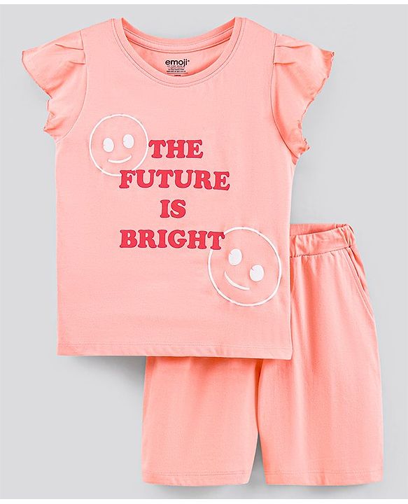 Pine Kids Bio-Washed Frill Sleeves Cotton Shorts Set Text Printed - Peach